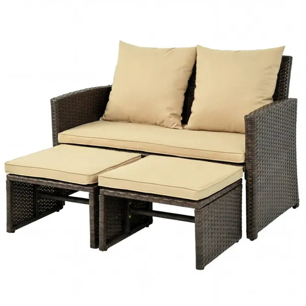Outdoor Patio Furniture Set, PE Rattan Loveseat & 2 Ottomans Removable Cushions Metal Frame - Loving My Life Outdoors