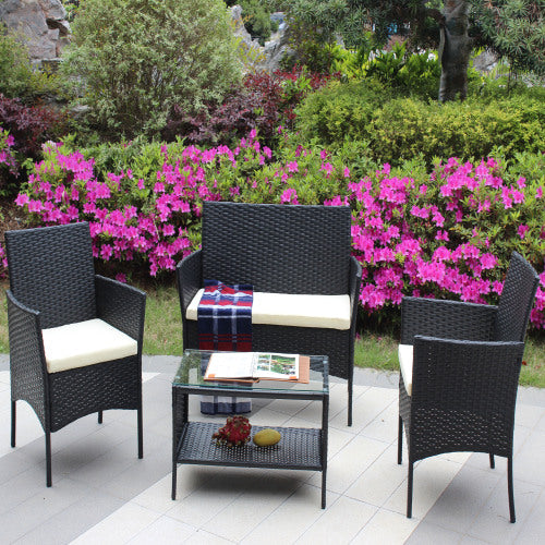 4 PC Rattan Patio Furniture Set Outdoor Patio Cushioned Seat Wicker Sofa Beige Cushion - Loving My Life Outdoors