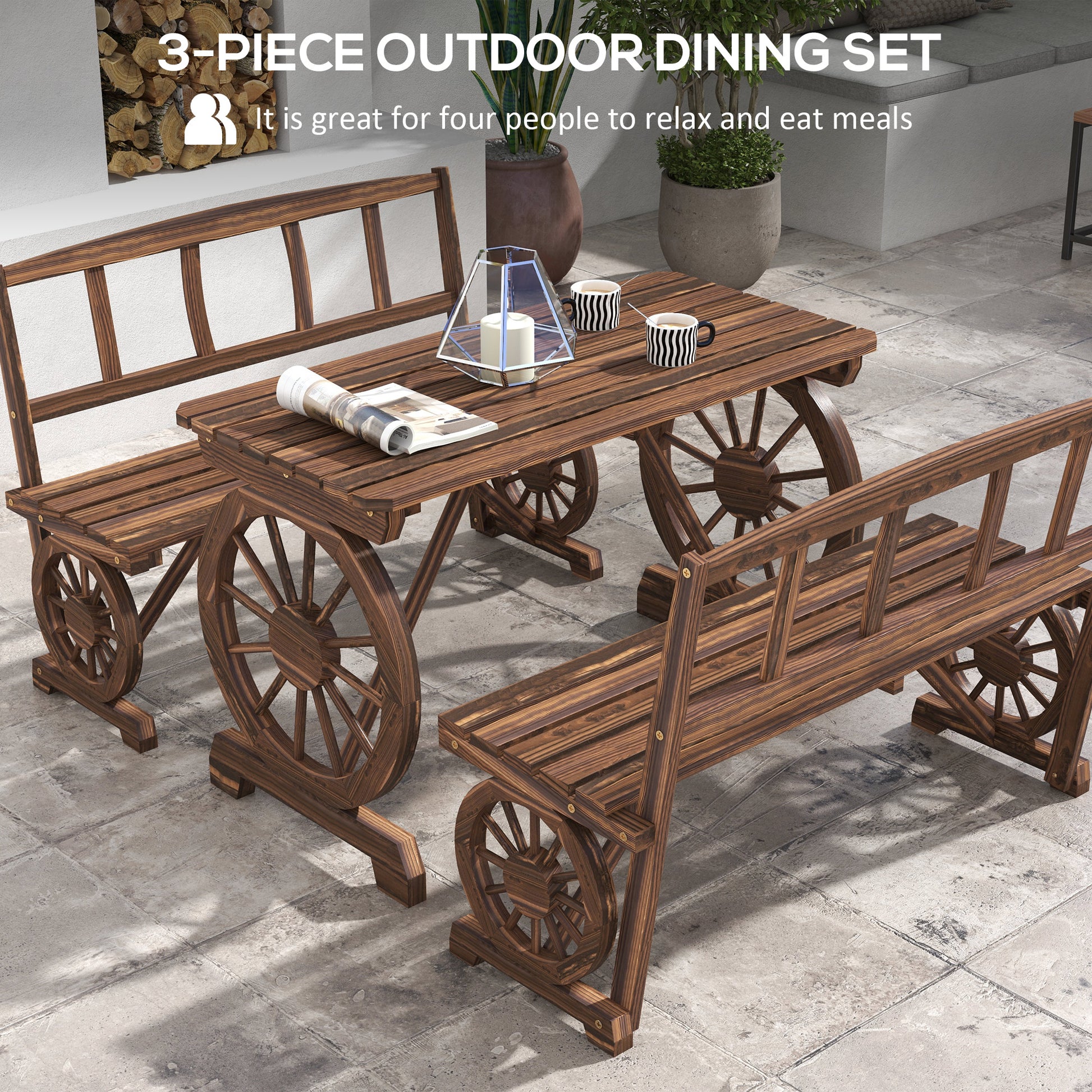 Patio Table and Chairs for 4 People, Wagon Wheel Design, Outdoor Furniture Set for Backyard, Garden, Carbonized - Loving My Life Outdoors