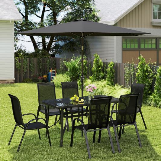 8 Pieces Patio Furniture Set with 9Ft Patio Umbrella, Outdoor Dining Table and Chairs, Black - Loving My Life Outdoors