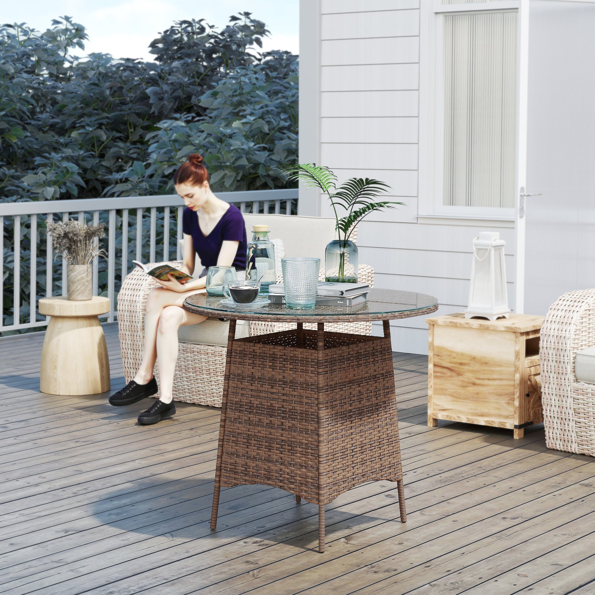 Wicker Garden Rattan Table, Patio Furniture Outdoor Coffee Table With Umbrella Hole And Tempered Glass Top, Brown - Loving My Life Outdoors