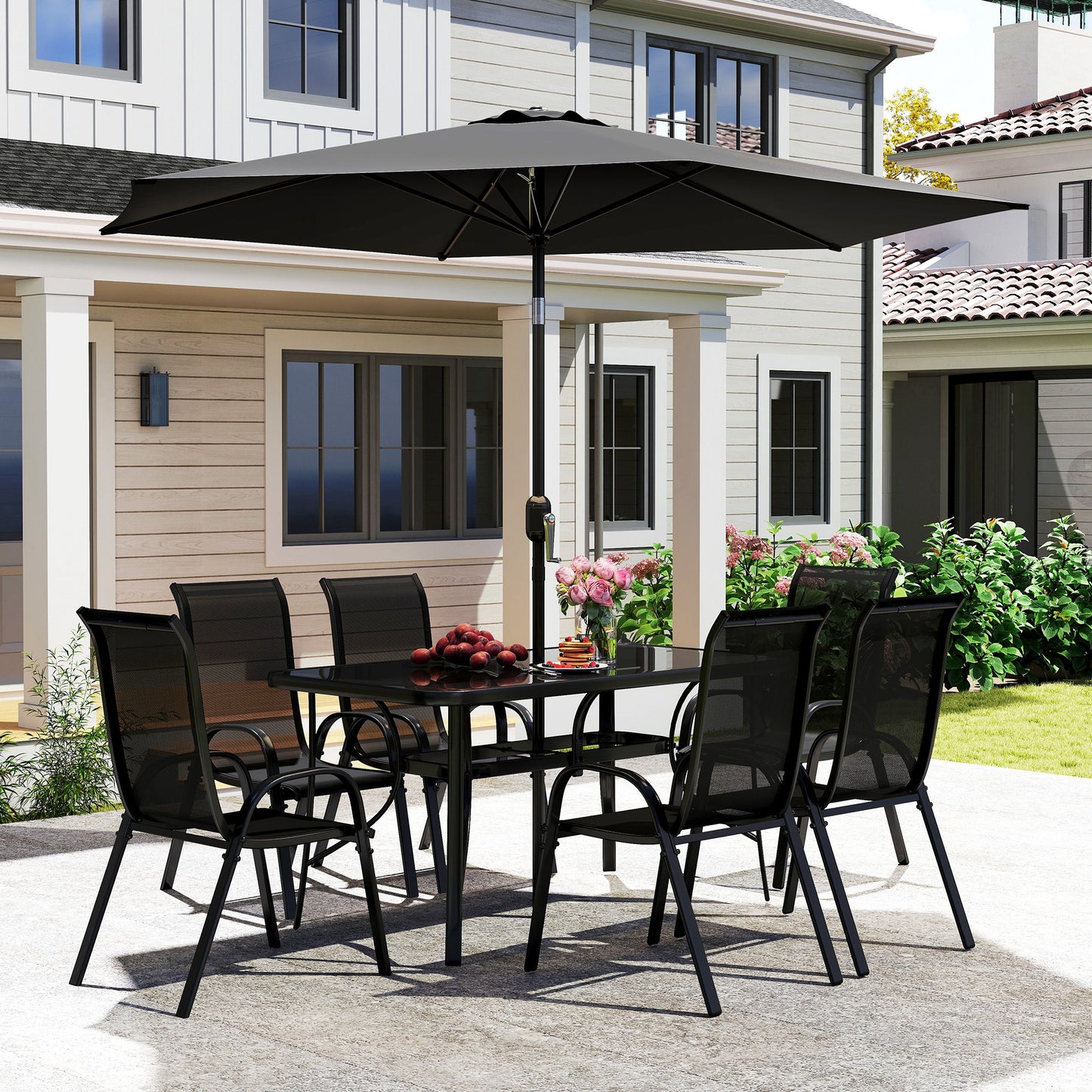8 Pieces Patio Furniture Set with 9Ft Patio Umbrella, Outdoor Dining Table and Chairs, Black - Loving My Life Outdoors