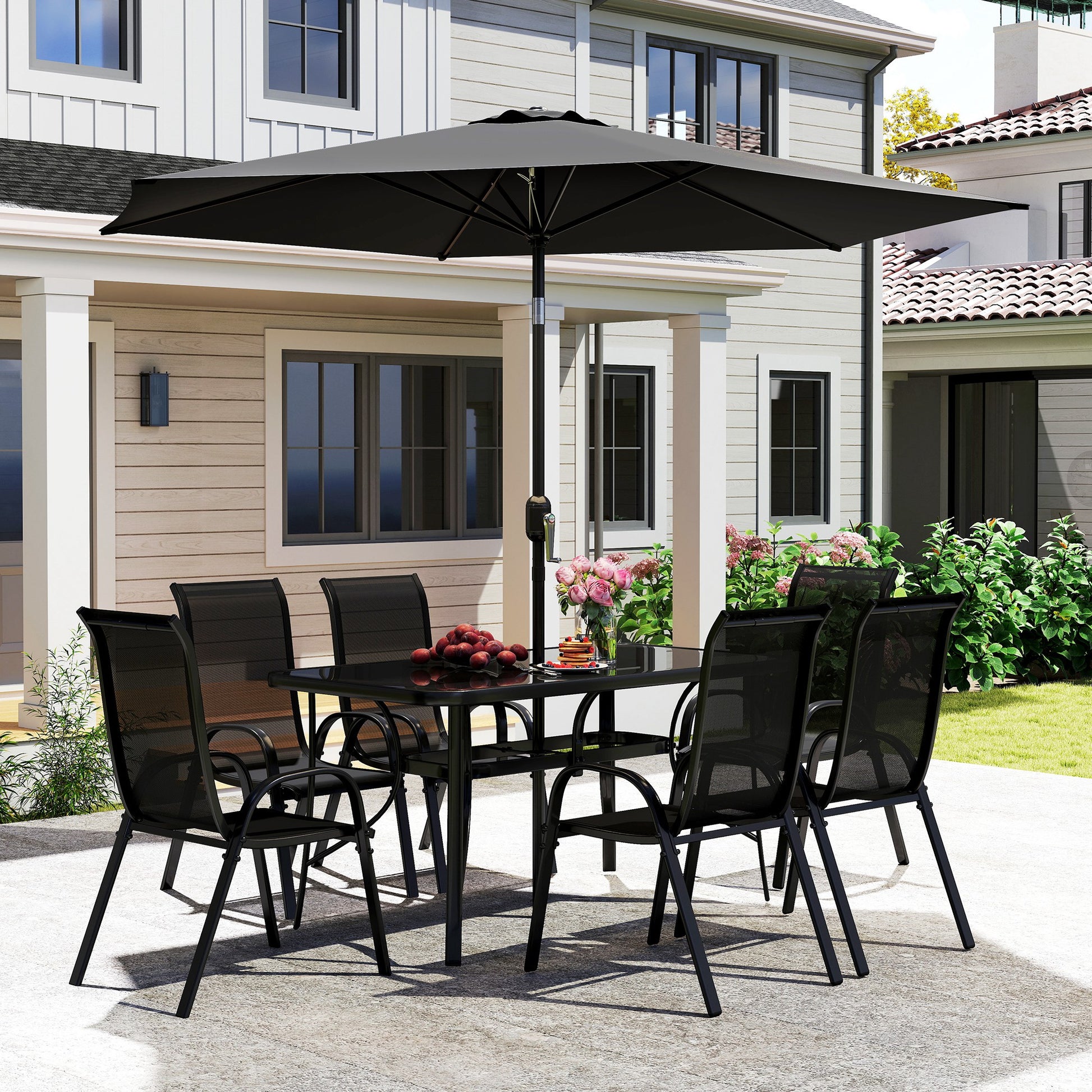 8 Pieces Patio Furniture Set with 9Ft Patio Umbrella, Outdoor Dining Table and Chairs, Black - Loving My Life Outdoors