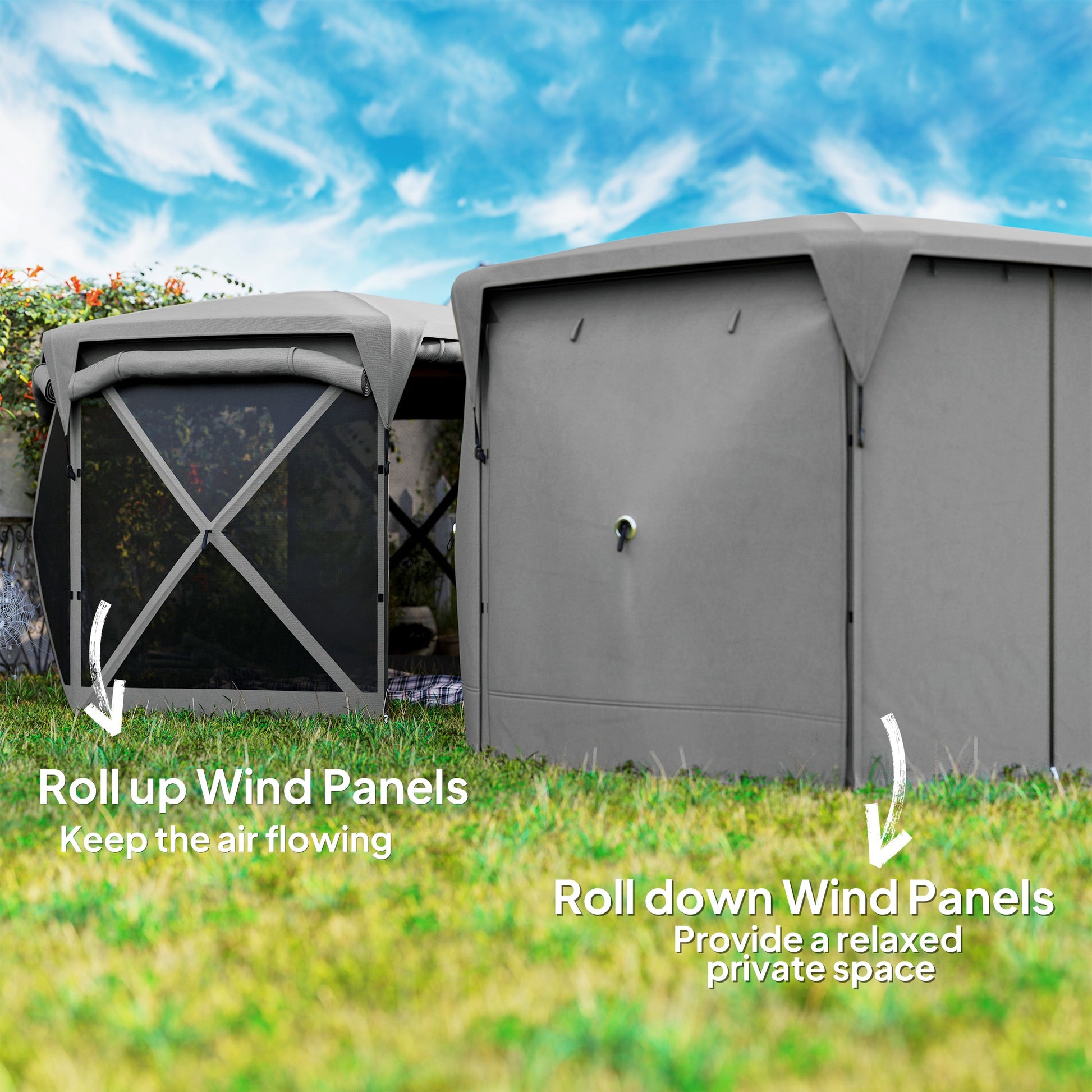 11 x 11ft Pop Up Gazebo Screen Tent with Removable Roof Cover, Roll-up Wind Panels for Camping, Backyard, Dark Gray - Loving My Life Outdoors