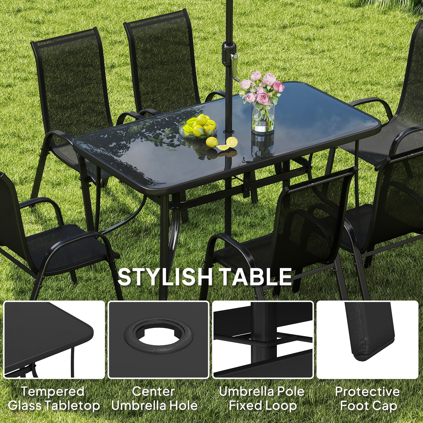 8 Pieces Patio Furniture Set with 9Ft Patio Umbrella, Outdoor Dining Table and Chairs, Black - Loving My Life Outdoors