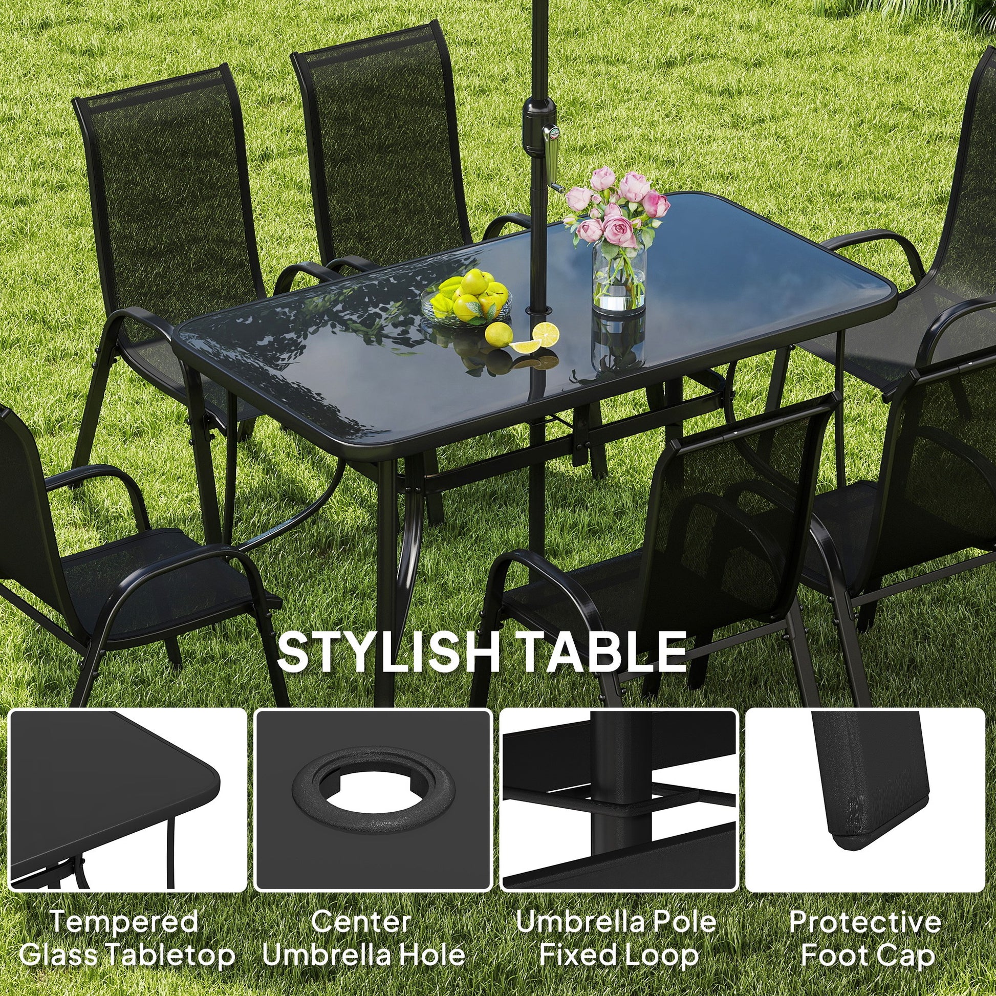8 Pieces Patio Furniture Set with 9Ft Patio Umbrella, Outdoor Dining Table and Chairs, Black - Loving My Life Outdoors
