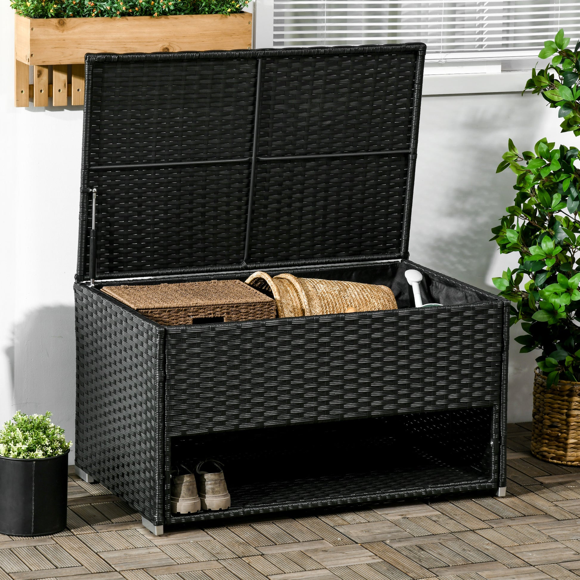 Outdoor Deck Box & Shoe Storage, PE Rattan Wicker Towel Rack with Liner for Indoor, Outdoor, Patio Furniture Cushions, Pool, Garden Tools, Black - Loving My Life Outdoors