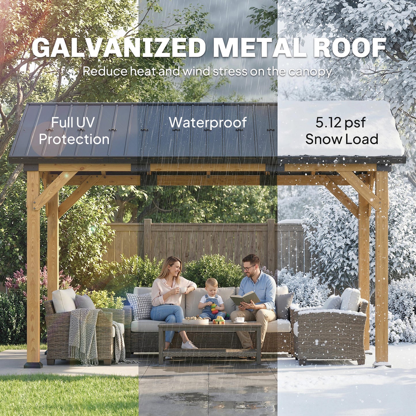 13' x 11' Hardtop Gazebo Canopy with Galvanized Metal Roof, Fir Wood Frame and Central Hook for Patio, Black Gray - Loving My Life Outdoors
