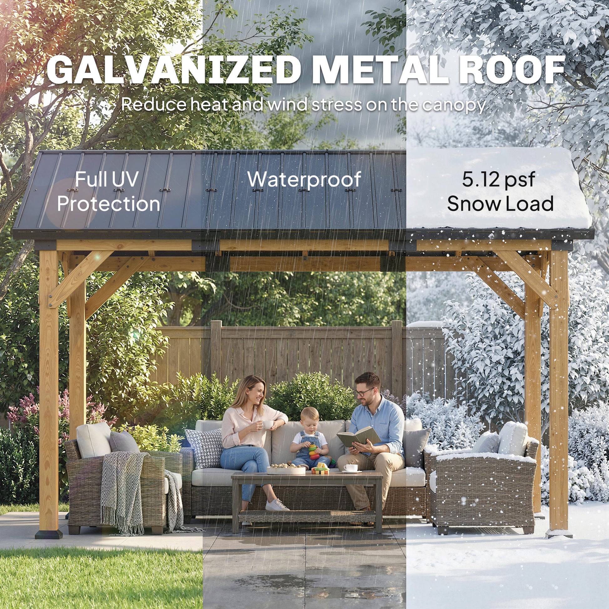 13' x 11' Hardtop Gazebo Canopy with Galvanized Metal Roof, Fir Wood Frame and Central Hook for Patio, Black Gray - Loving My Life Outdoors