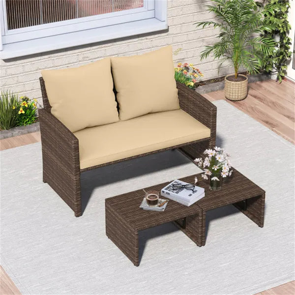 Outdoor Patio Furniture Set, PE Rattan Loveseat & 2 Ottomans Removable Cushions Metal Frame - Loving My Life Outdoors