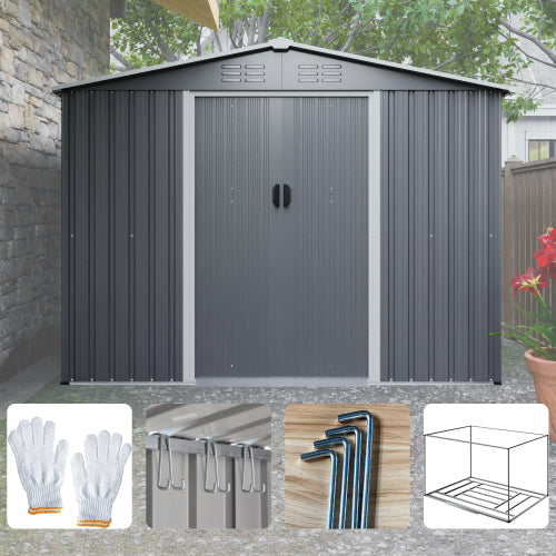 8x6 FT Outdoor Tool Storage Shed With Metal Foundation & Lockable Doors, All Weather Metal Sheds For Garden, Patio, Backyard, Lawn, Gray - Loving My Life Outdoors