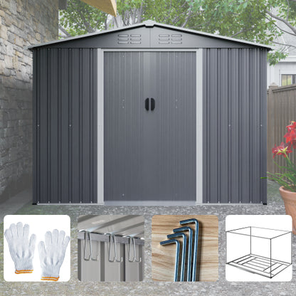 8x6 FT Outdoor Tool Storage Shed With Metal Foundation & Lockable Doors, All Weather Metal Sheds For Garden, Patio, Backyard, Lawn, Gray - Loving My Life Outdoors