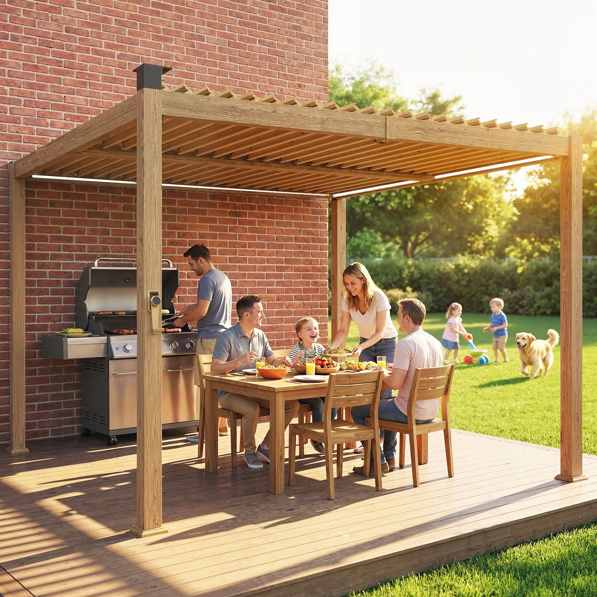 10' x 10' Louvered Pergola with Solar LED lights, Metal Roof, Outdoor Pergola Patio Gazebo with Drainage Gutters, Brown - Loving My Life Outdoors