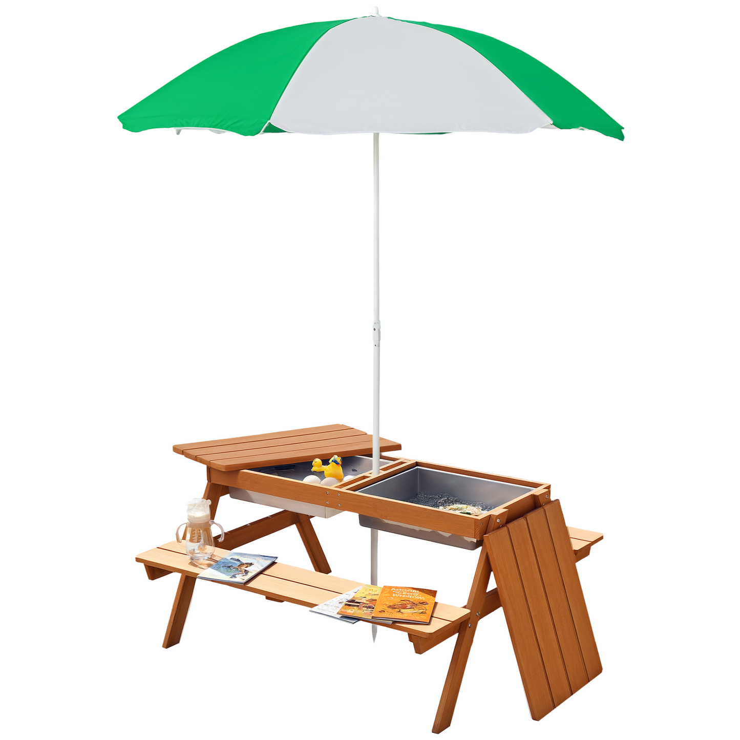Kids 3 in 1 Sand and Water Table, Wooden Outdoor Convertible Picnic Table with Umbrella and Storage Inside.