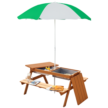 Kids 3 in 1 Sand and Water Table, Wooden Outdoor Convertible Picnic Table with Umbrella and Storage Inside.