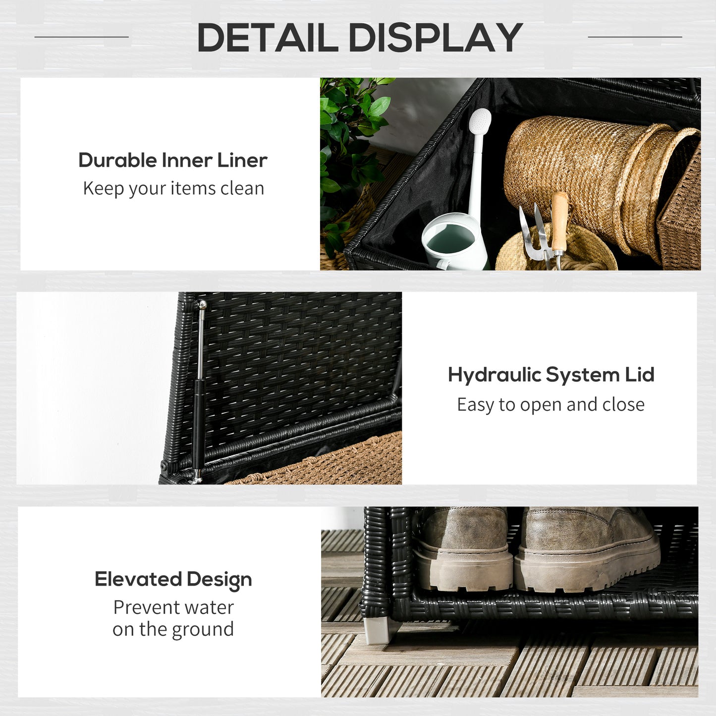 Outdoor Deck Box & Shoe Storage, PE Rattan Wicker Towel Rack with Liner for Indoor, Outdoor, Patio Furniture Cushions, Pool, Garden Tools, Black - Loving My Life Outdoors