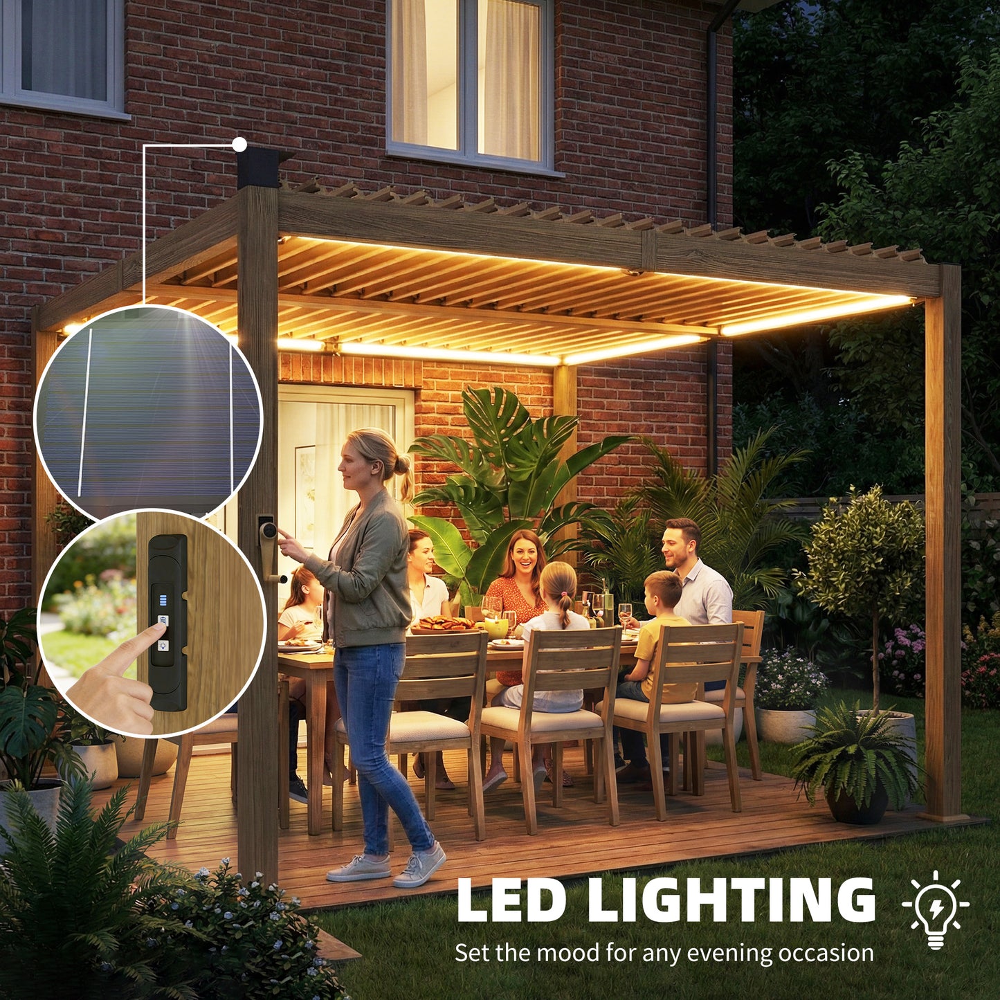 10' x 10' Louvered Pergola with Solar LED lights, Metal Roof, Outdoor Pergola Patio Gazebo with Drainage Gutters, Brown - Loving My Life Outdoors