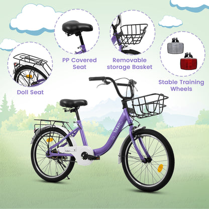 A20182 20 Inch Kids Bike For Boys & Girls, Children's Bicycle With Coaster Brake & V-Brake, 1-Speed, Chain Guard & Rear Rack, Lightweight Steel Frame Pink, Green, Purple, White - Loving My Life Outdoors