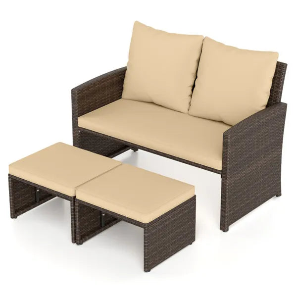 Outdoor Patio Furniture Set, PE Rattan Loveseat & 2 Ottomans Removable Cushions Metal Frame - Loving My Life Outdoors