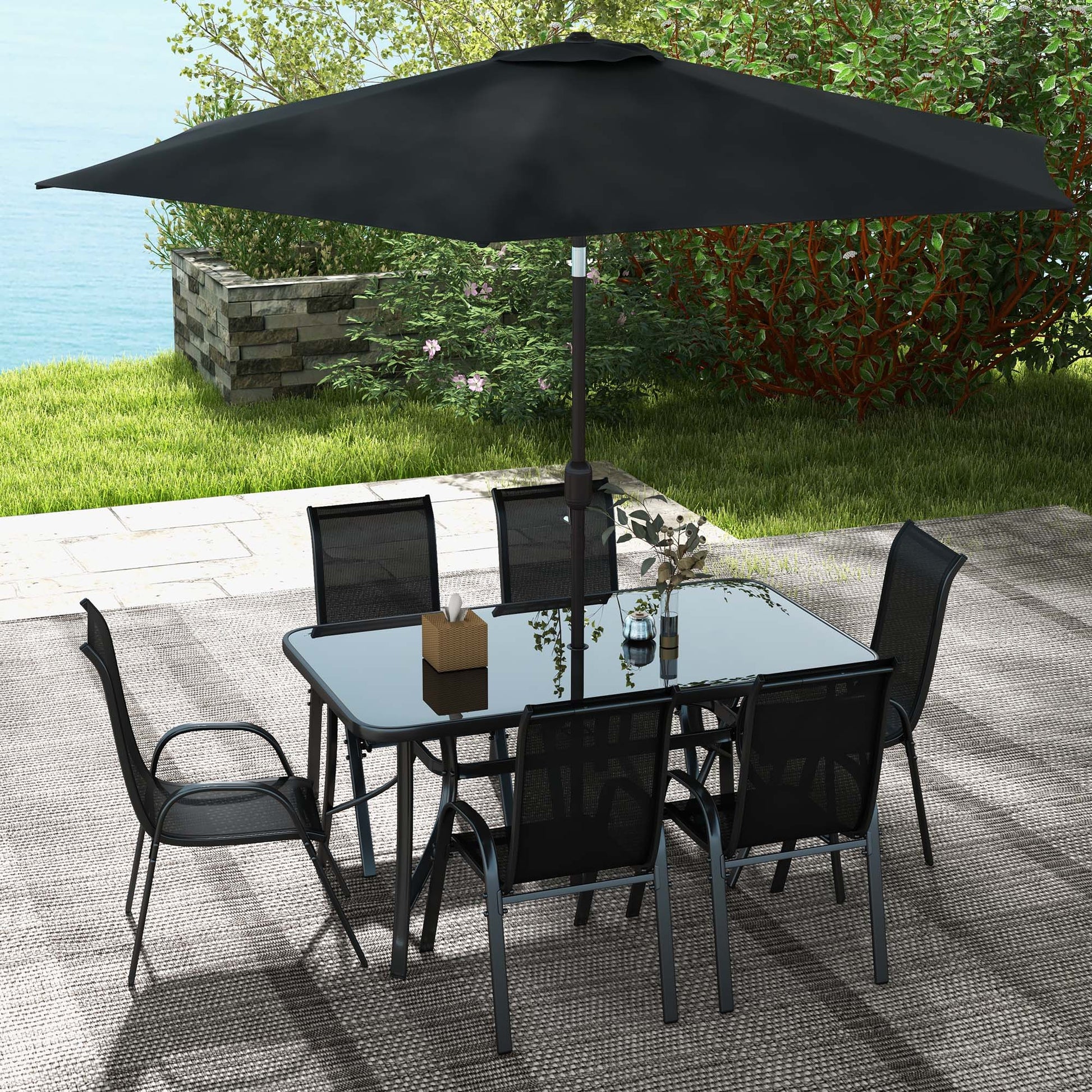 8 Pieces Patio Furniture Set with 9Ft Patio Umbrella, Outdoor Dining Table and Chairs, Black - Loving My Life Outdoors