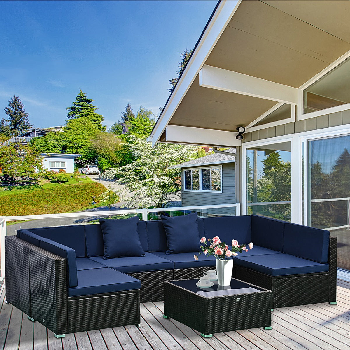7 Piece Set Rattan Sofa Luxury Modular Conversation Outdoor Furniture - Deep Blue - Loving My Life Outdoors