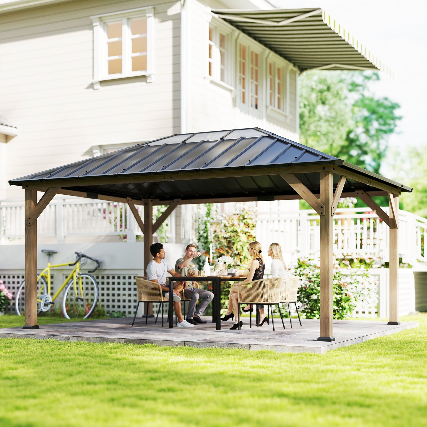 12' x 16' Hardtop Gazebo with Galvanized Steel Roof, UPF50+ Wood Permanent Pavilion with Clear Roof Top, Light Walnut - Loving My Life Outdoors
