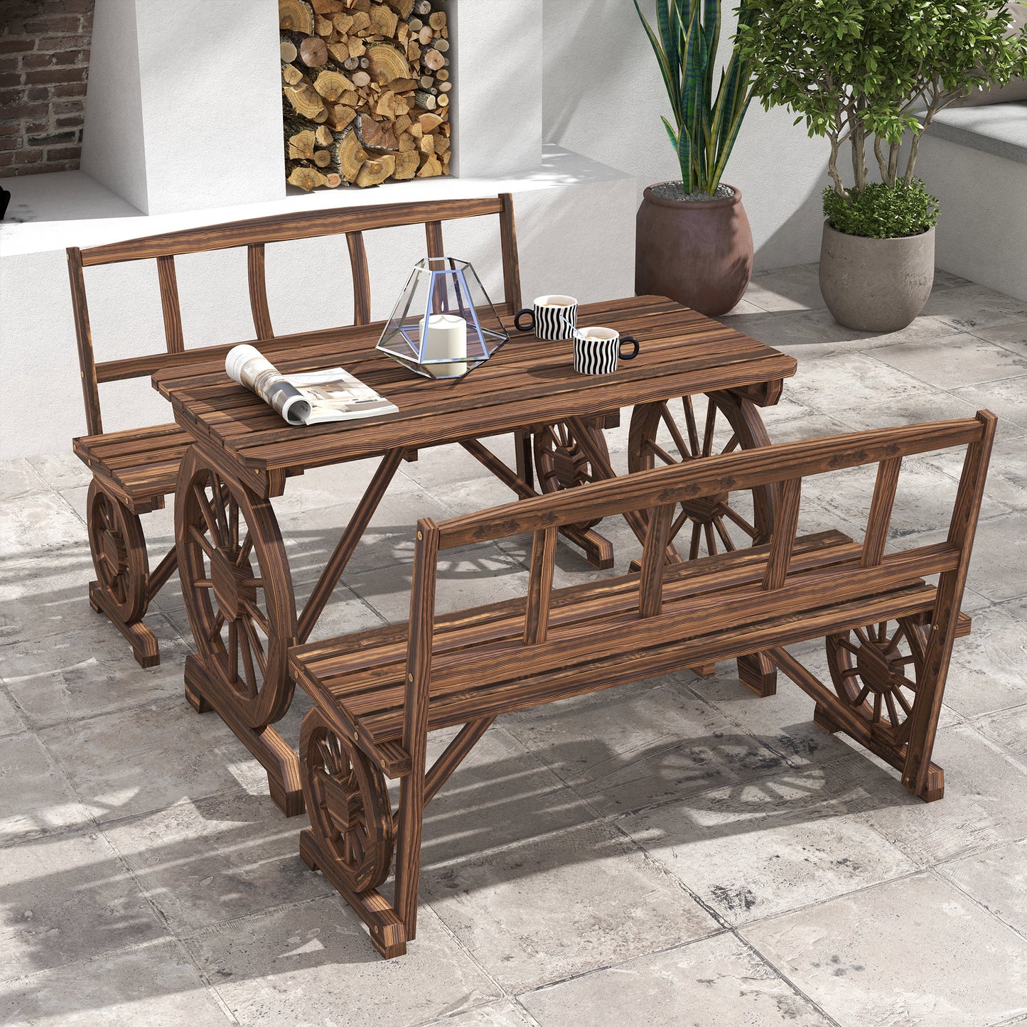 Patio Table and Chairs for 4 People, Wagon Wheel Design, Outdoor Furniture Set for Backyard, Garden, Carbonized - Loving My Life Outdoors